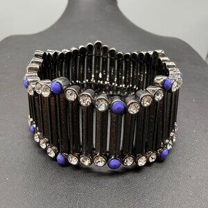 Aqua Stretch Black & Silver Stretch Bracelet With Rhinestones Blue Accents